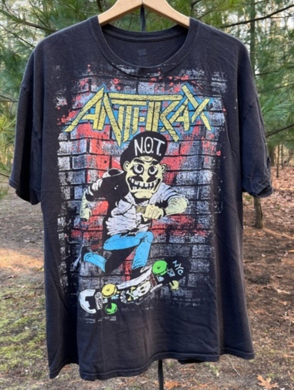 Hanes 💎Black Anthrax Skate Graphic Tee with Blue and Yellow Accents